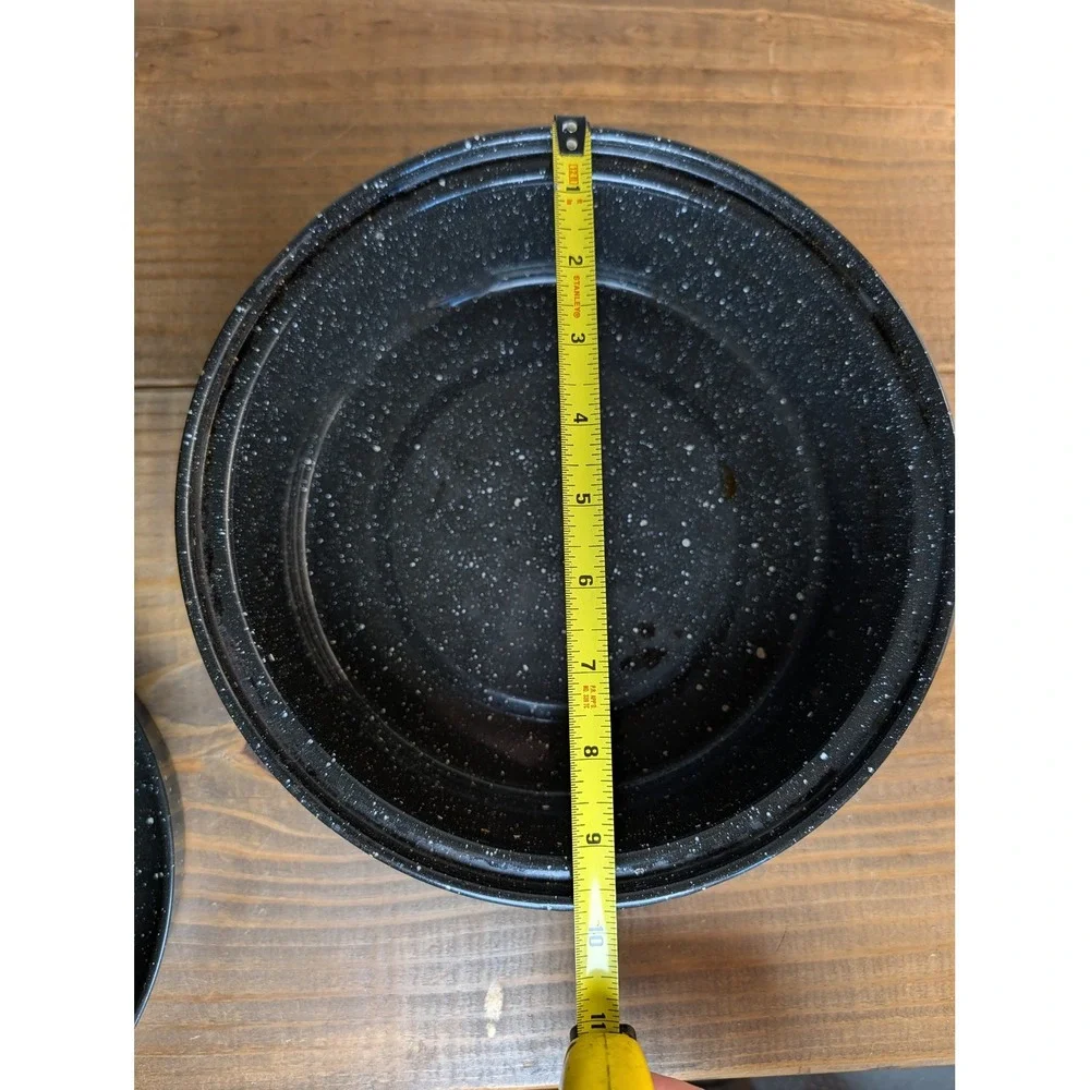 Vintage Black Speckled Enamelware Round Roasting Pan with Lid Steamer Insert 10